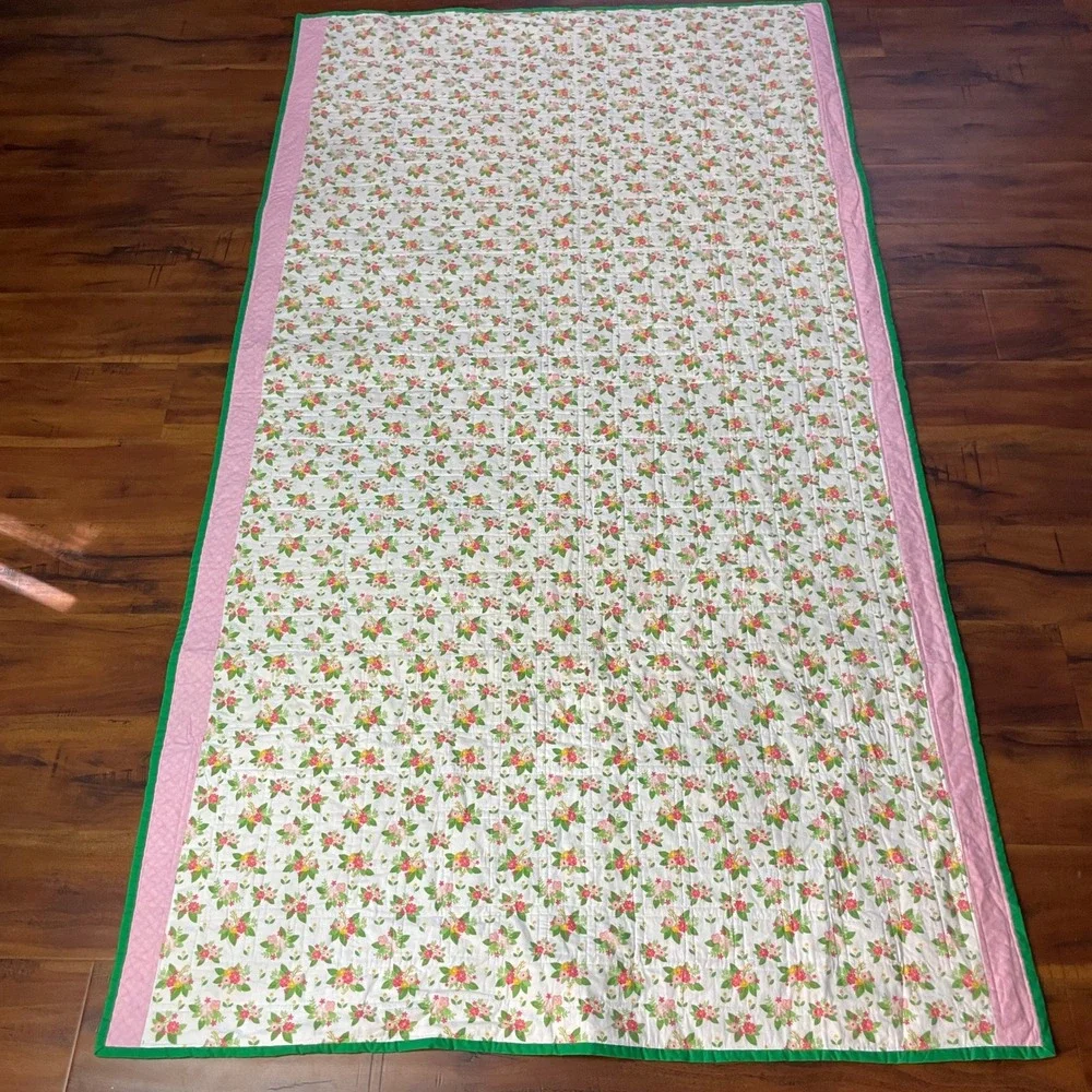 Handmade Patchwork Reversible Throw Blanket Quilt 45.5x82 Pink Floral Cottage
